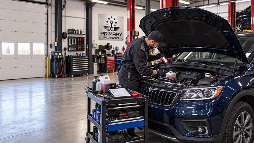 Primary Auto Repair technician performing a winter-ready engine inspection