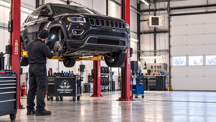 Primary Auto Repair technician inspecting a vehicle raised on a hoist