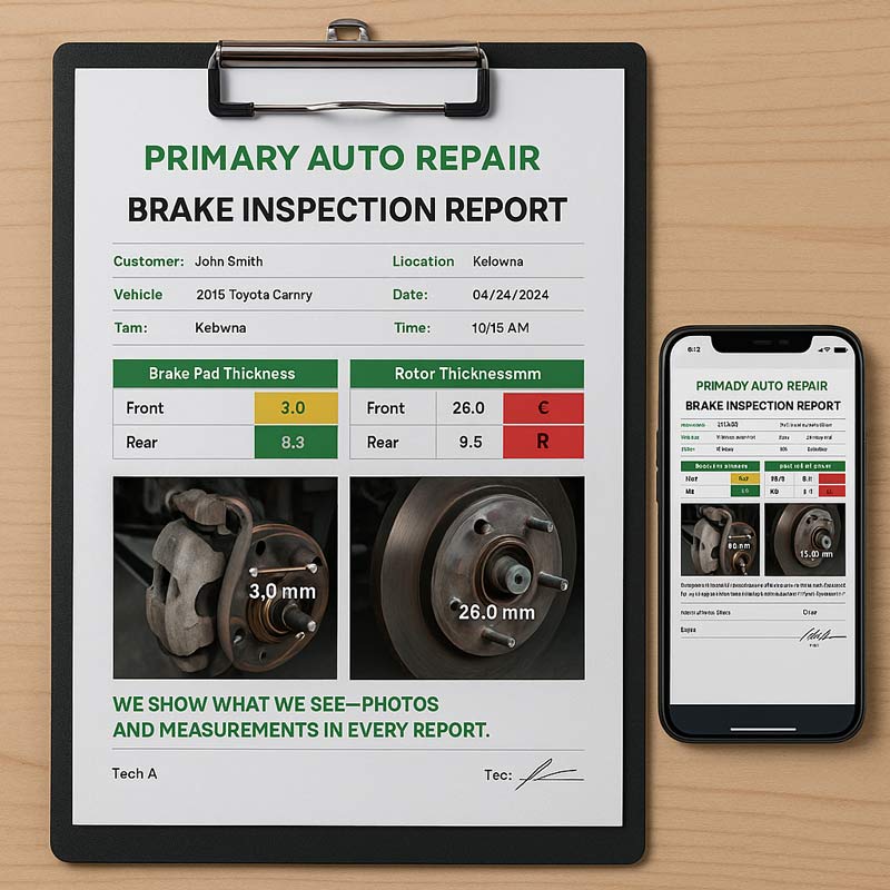 Detailed brake inspection report with photos provided by Primary Auto Repair