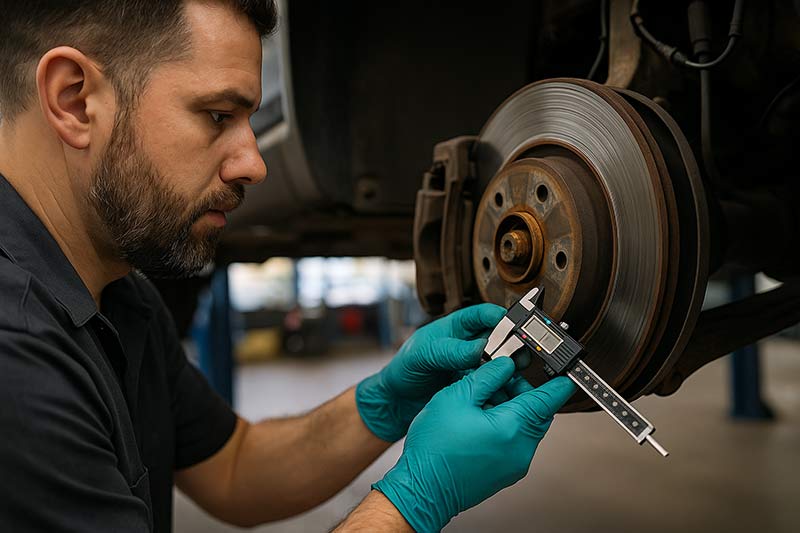 Mechanic inspecting brake rotor condition during car brake service Kelowna