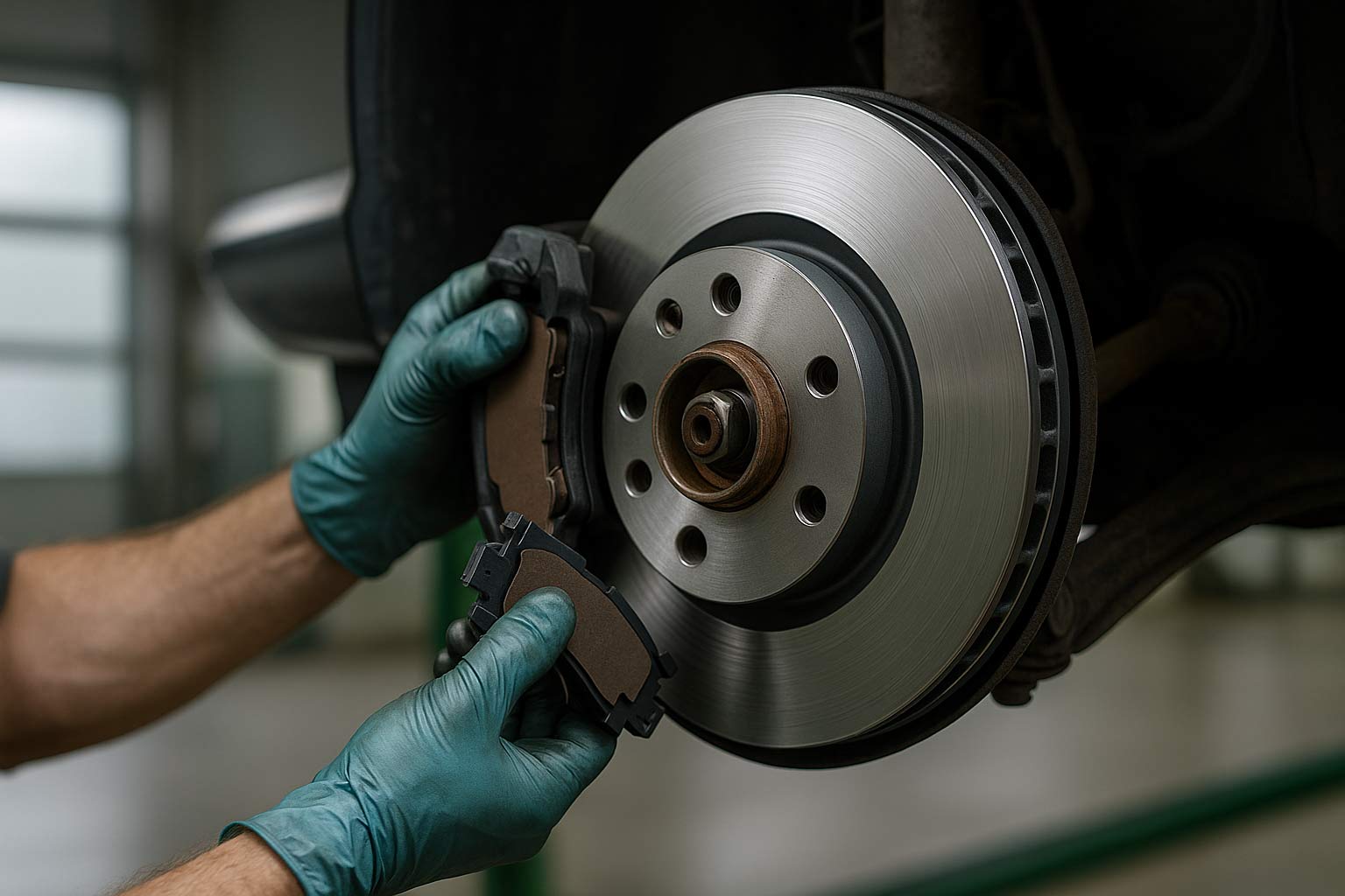 Mechanic installing new rotor and pads — brake repairs Kelowna at Primary Auto Repair