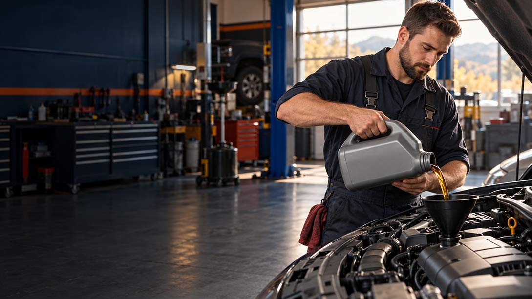 Mechanic pouring engine oil through a funnel into a vehicle