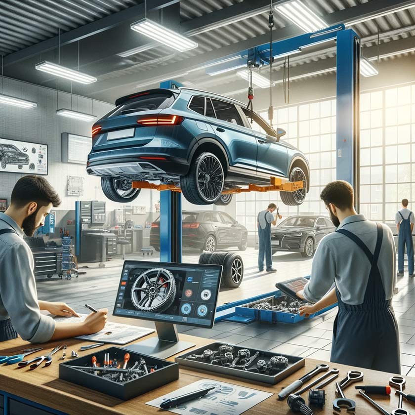 Primary Auto Repair mechanic working on testing a car suspension